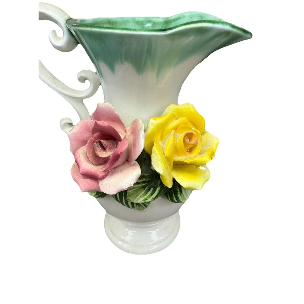 Vintage Wales Japan Ceramic Rose Pitcher Vase Pink Yellow Flowers Green Drip